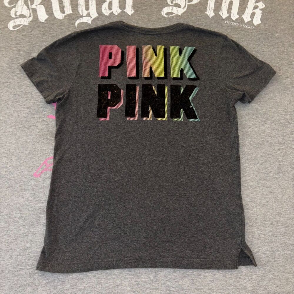 Victoria’s Secret PINK Rainbow 3D Sequin Bling Dark Gray Short Sleeve Tee Shirt